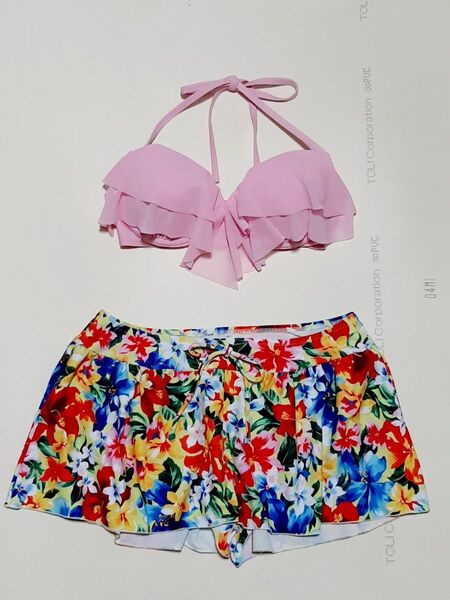 水着 セパレート水着 ピンク色 花柄 キュロット付き 3点セット レディース9号 ビキニ