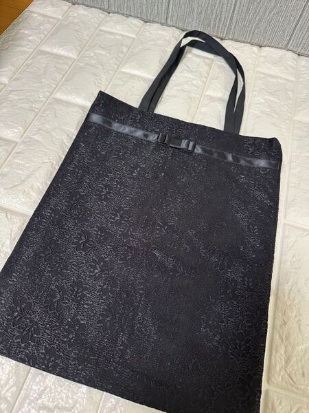 【ハンドメイド】サブバッグ フォーマル レディース黒 トートバッグ レース生地 リボン付 ハンドバッグ A4サイズ
