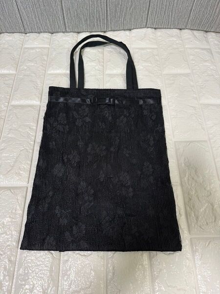 【ハンドメイド】サブバッグ フォーマル レディース黒 トートバッグ レース生地 リボン付 ハンドバッグ A4サイズ