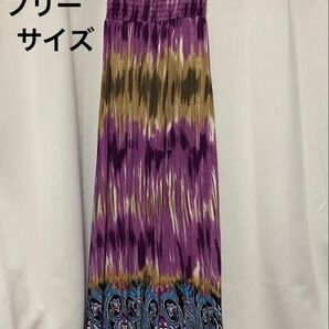 中古 フリーサイズ ボヘミアン柄 マキシ丈ワンピース ワンピース ロング リゾートワンピース