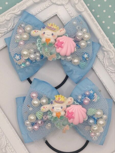 No.162ハンドメイド ヘアゴム リボン キッズ シナモロール 水色フリル シャカシャカリボン マーメイド