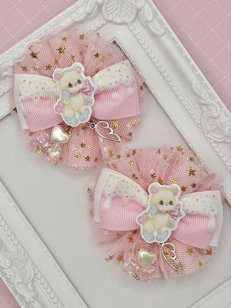 No.166 ハンドメイド ヘアゴム リボン キッズ アイジュエル ピンクチュールリボン
