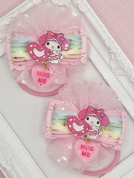 No.169 ハンドメイド ヘアゴム リボン キッズ マイメロ 夏 チュールリボン ハート