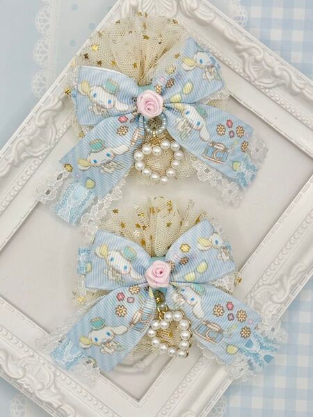 No.162 ハンドメイド ヘアゴム リボン キッズ シナモロール チュールリボン 水色 白