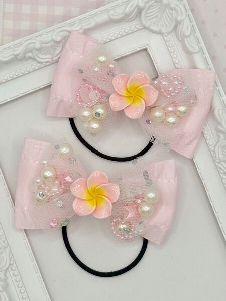 No.175 ハンドメイド ヘアゴム リボン キッズ プルメリア 花 ピンク シャカシャカリボン