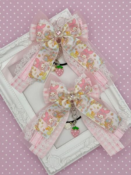 No.185 ハンドメイド ヘアゴム リボン キッズ マイメロ レースピンク いちご