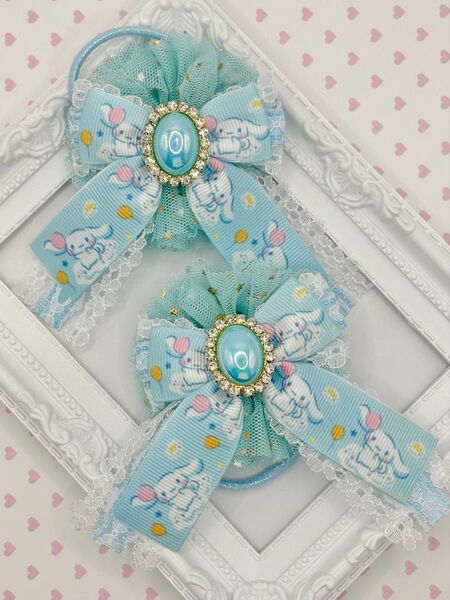 No.214 ハンドメイド ヘアゴム リボン キッズ 水色チュールリボン シナモロール