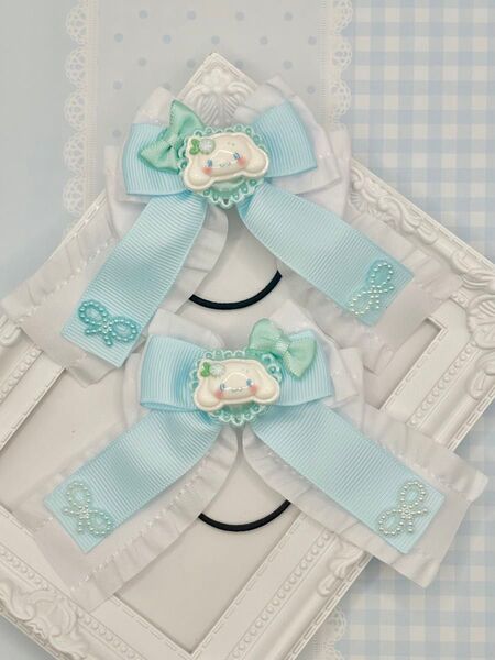 No.219 ハンドメイド ヘアゴム リボン キッズ シナモロール 白 水色 フリル