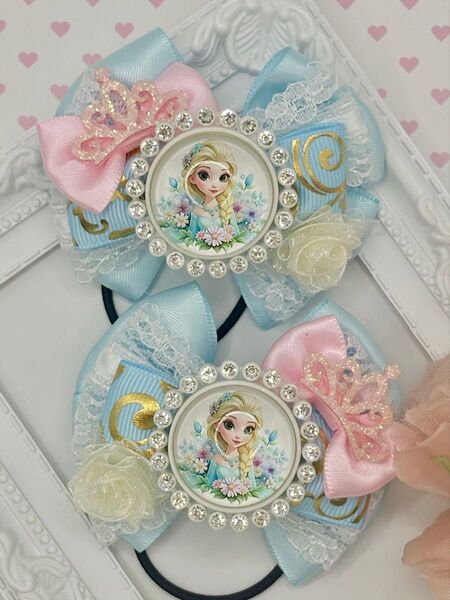 No.203 ハンドメイド ヘアゴム リボン キッズ ディズニープリンセス 水色