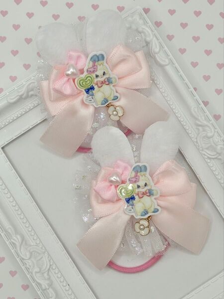 No.232 ハンドメイド ヘアゴム リボン キッズ うさみみ チュールリボン 白 アイジュエル