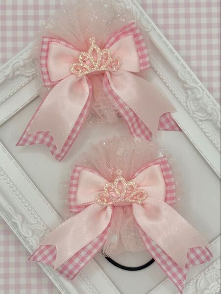 No.225 ハンドメイド ヘアゴム リボン キッズ チュールピンク ティアラ