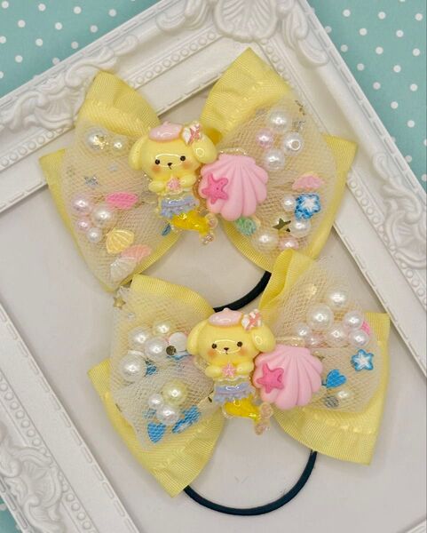 No.152 ハンドメイド ヘアゴム リボン キッズ ポムポムプリン 黄色 シャカシャカリボン