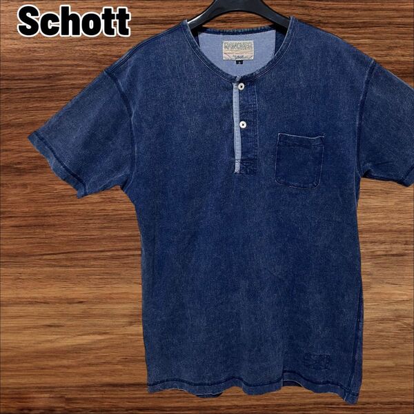 Lサイズ RANCHER BY Schott ヘンリーネック Tシャツ デニム ブルー メンズ 胸ポケット