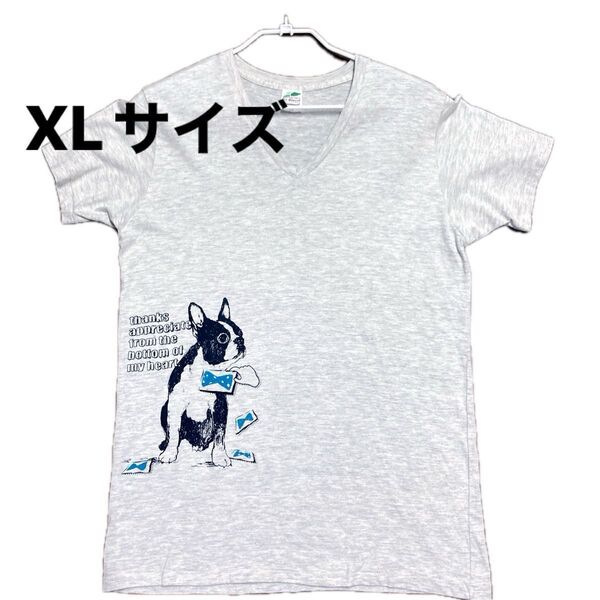 Tシャツ 半袖 カットソー トップス Vネック 大きいサイズ ボストンテリア dog 犬 XL 霜降りライトグレー フレブル