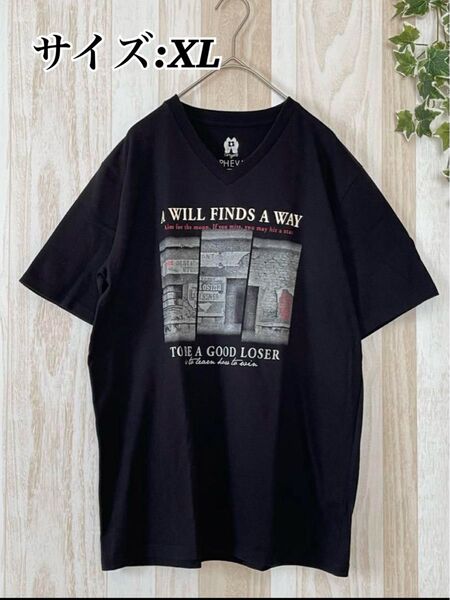 Vネック☆プリントTシャツ / XL