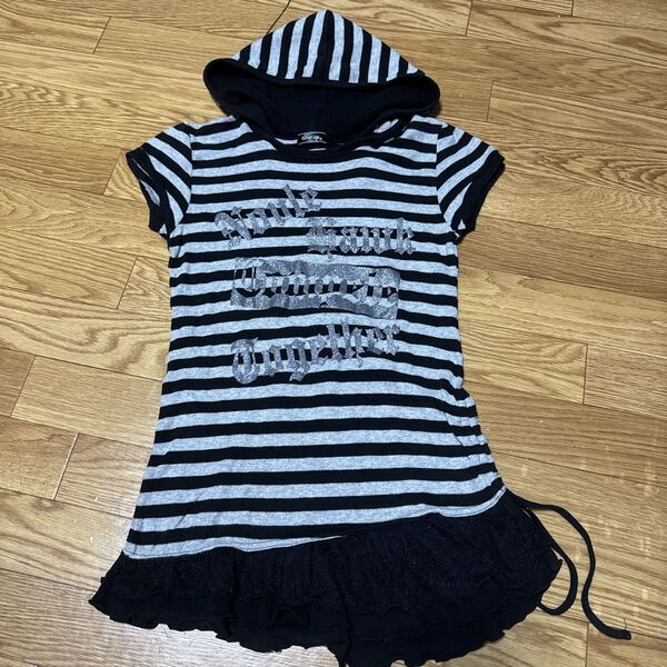 子供服 女の子 ワンピース ストライプ グレー ブラック 160サイズ 中古
