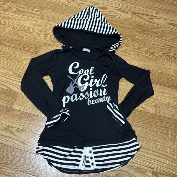 子供服 女の子 Tシャツ 長袖 フード付き 黒 ブラック L 160サイズ 中古