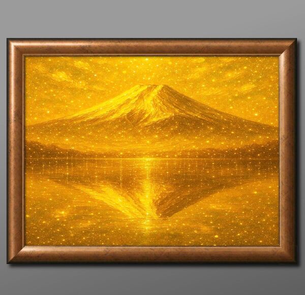 黄金の逆さ富士山 運気を呼ぶ 額縁付き 健康運 金運を開運するインテリア絵画グラフィック