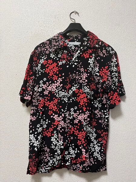 BICOL BIRD 桜吹雪総柄 レーヨンオープンカラーアロハシャツ /M ブラック 黒 開襟 和柄