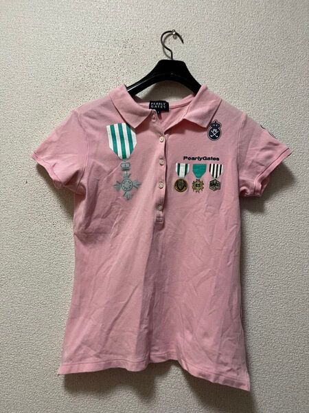 パーリーゲイツ ゴルフ 半袖ポロシャツ /2 薄ピンク ストレッチ ワッペン ロゴプリント PEARLY GATES