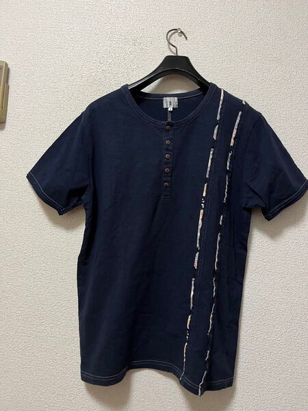 タケオキクチ 和柄部分使い ヘンリーネックカットソー /3 ダークネイビー ボタン 半袖Tシャツ TK