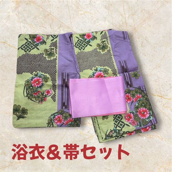 浴衣&帯 2点セット 桜柄 グリーン色 レトロモダン 花火大会 夏祭り USED
