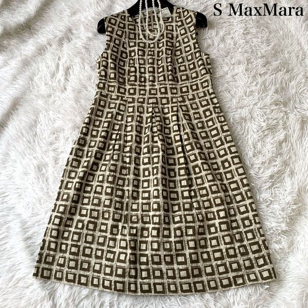 S MaxMara エスマックスマーラ 肩ロゴ入り コットンボイル 幾何学柄 膝丈 フレアワンピース 40サイズ 定価8万