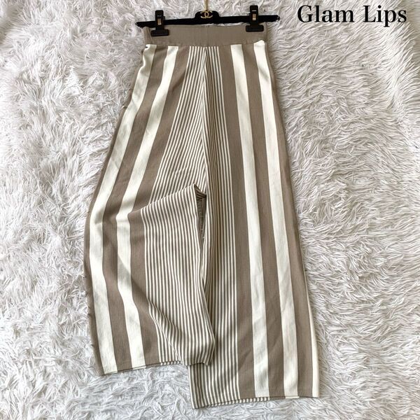Glam Lips グラムリップス ランダムストライプ ニットワイドパンツ フリーサイズ ウエストゴム ストレッチ