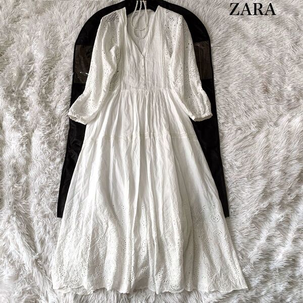 ZARA ザラ カットワークレース刺繍 ピンタック ロングワンピース フレア ティアード XS コットン