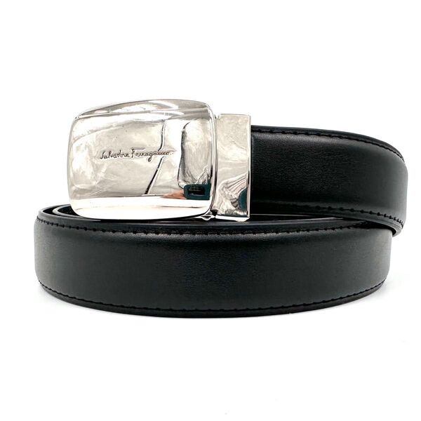 Ferragamo サルヴァトーレフェラガモ ベルト ロゴ バックル レザー シルバー金具 黒 ブラック メンズ レディース