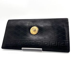 【レア】VERSACE ヴェルサーチ 長財布 ロングウォレット 札入れ サンバースト ロゴ金具 総柄 本革 レザー 黒 ブラック