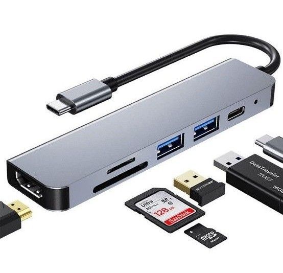 USB C ハブ 6-in-1 HDMI Type-C アダプタ HDMI映像高速データ転送 急速充電 SD&TFカードリーダー