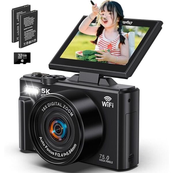 デジタルカメラ 5K録画 デジカメ 7500万画素 Wi-Fi機能 180度回転可能ディスプレイ コンパクトカメラ