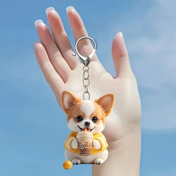 犬 キーホルダー ドリンクを飲むコーギー K-35