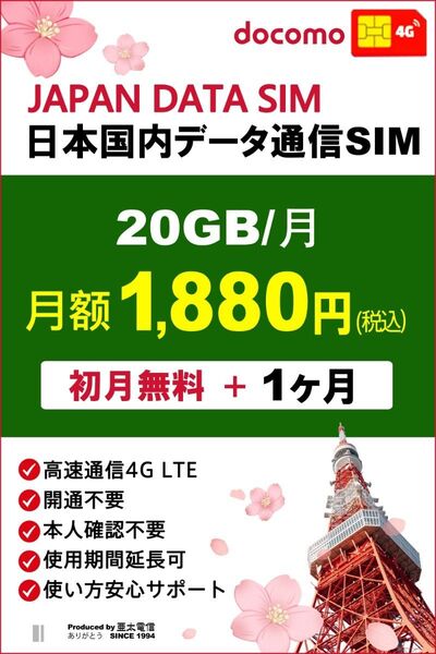 docomoプリペイドSIM 月間20GB★1ヶ月★高速データ通信SIM 格安SIM prepaid sim card