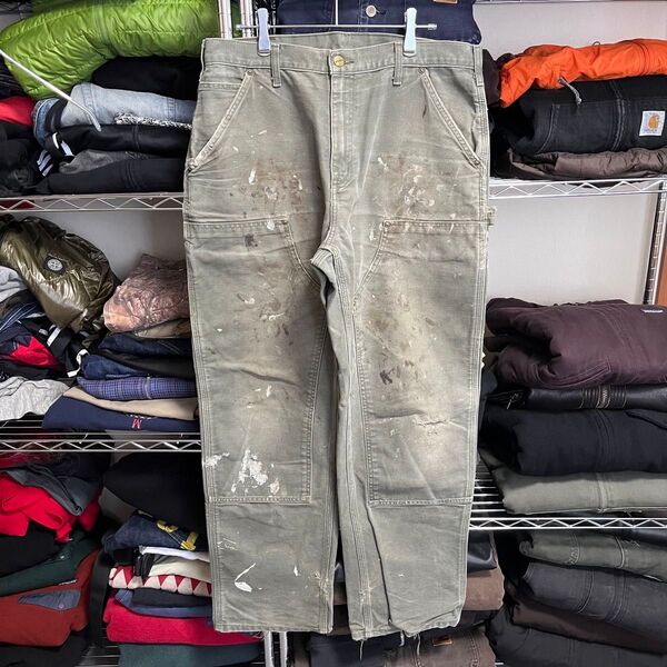 【神サイズ】 Carhartt ダブルニー モスグリーン ペンキ 襤褸 メキシコ ワークパンツ ペインターパンツ カーキ