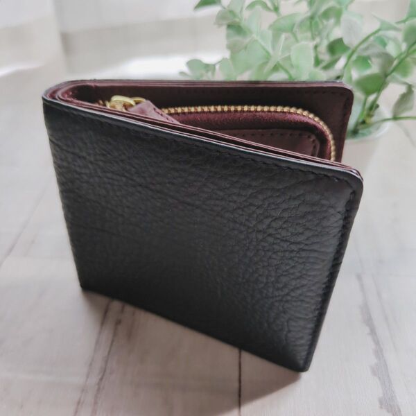 二つ折り財布 メンズ ブラック ワインレッド シンプル L字 財布 短財布