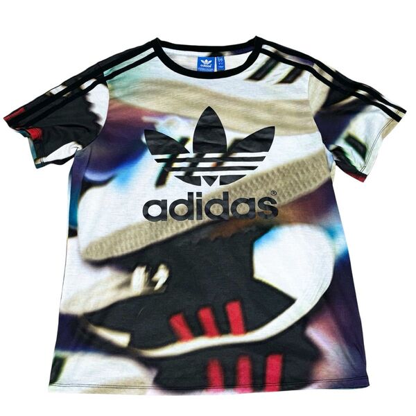 adidas アディダス Tシャツ Lサイズ 総柄 トレフォイル スリーストライプ Trefoil レディース 半袖カットソー