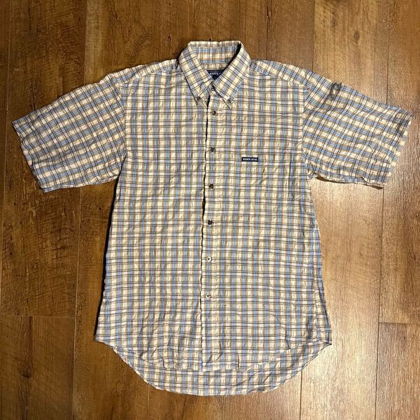 00s vintage ボタンダウン 半袖シャツ チェックシャツ 半袖 イエロー水色 ボックスシルエット ストリート メンズ M