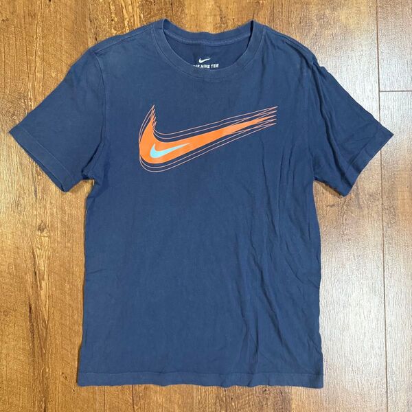 y2k NIKE ナイキ 半袖 Tシャツ ネイビー 半袖Tシャツ 古着 グラフィック オレンジプリント 短丈 c-boy メンズS