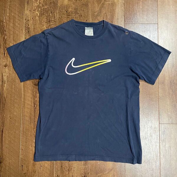 y2k 00s NIKE スウォッシュアスレチックロゴグラフィックプリント 半袖Tシャツ 半袖 ロゴ ネイビーTシャツ銀タグ L