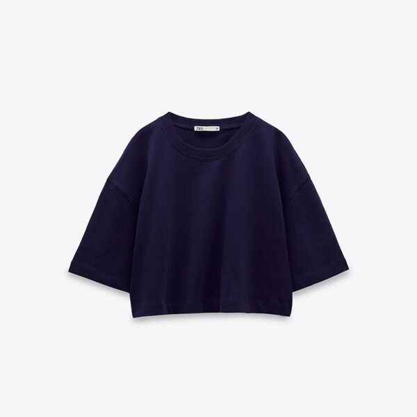 ZARA クロップドコットンTシャツ ネイビー