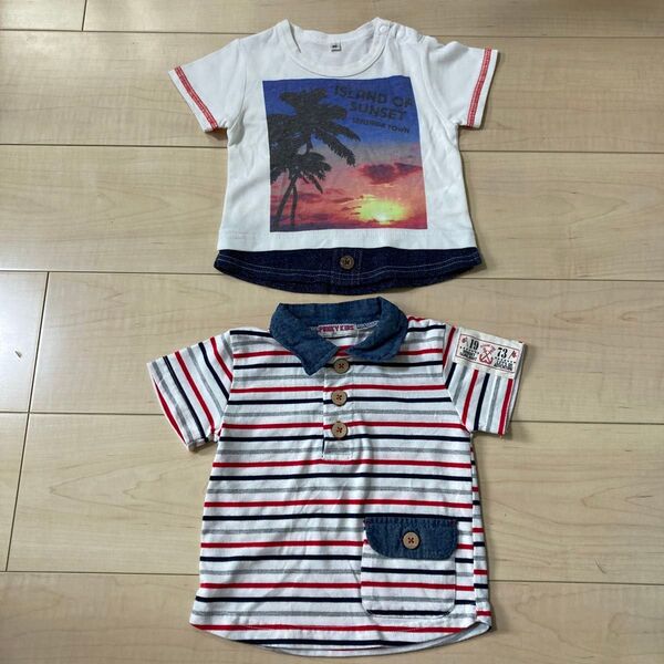 2枚セット 肩ボタン 半袖 Tシャツ ボーダー カットソー サイズ80 子供服
