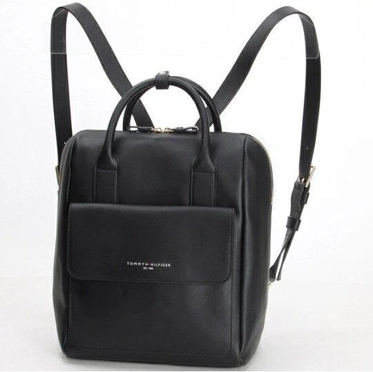 美品 トミー ヒルフィガー 2way リュック A4 自立 通勤 通学 大容量 バックパック ロゴ ブラック 黒