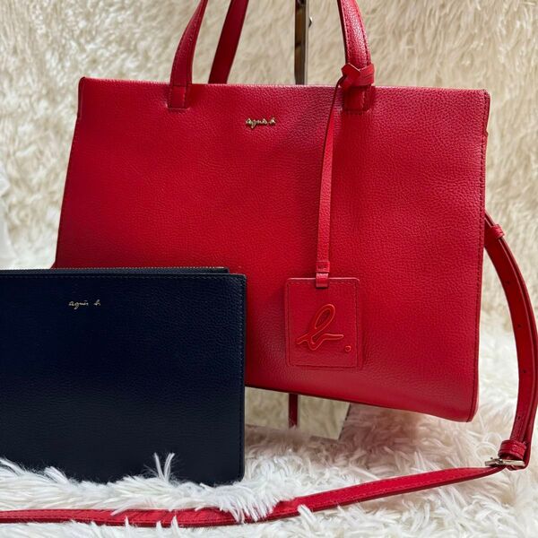 【ポーチ付き】 agnes b. アニエスベー ショルダーバッグ ハンドバッグ 2way レザー レッド(赤)