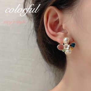 カラフルピアス 花モチーフ ボタニカル パール ラインストーン カラー フラワーピアス ストーンピアス