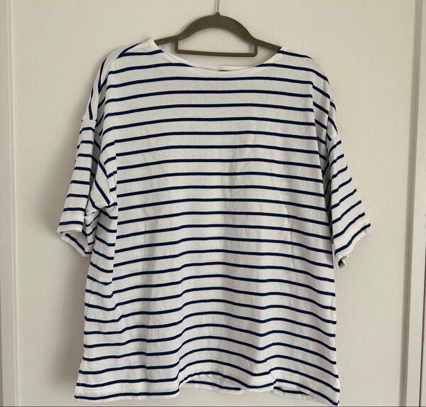 【美品】無印良品 半袖Tシャツ XL ボーダー柄 ホワイト×ブルー ワイド