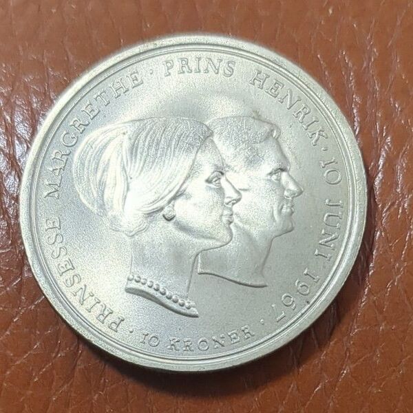 デンマーク 10クローネ銀貨 1967年 マルグレーテ女王結婚記念