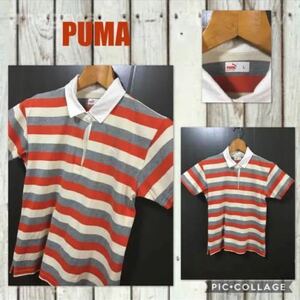 ◆PUMA プーマ 半袖ポロシャツ ボーダー柄　胸元ワンポイント刺繍入り　サイドスリット入り　レディースL （M～L）伸縮性有り　比較的綺麗