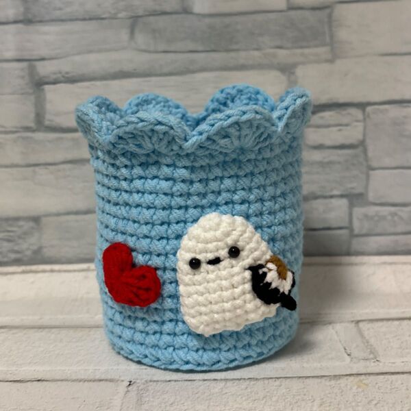 シマエナガちゃんアップリケ付き小物入れ(ブルー系) ハンドメイド